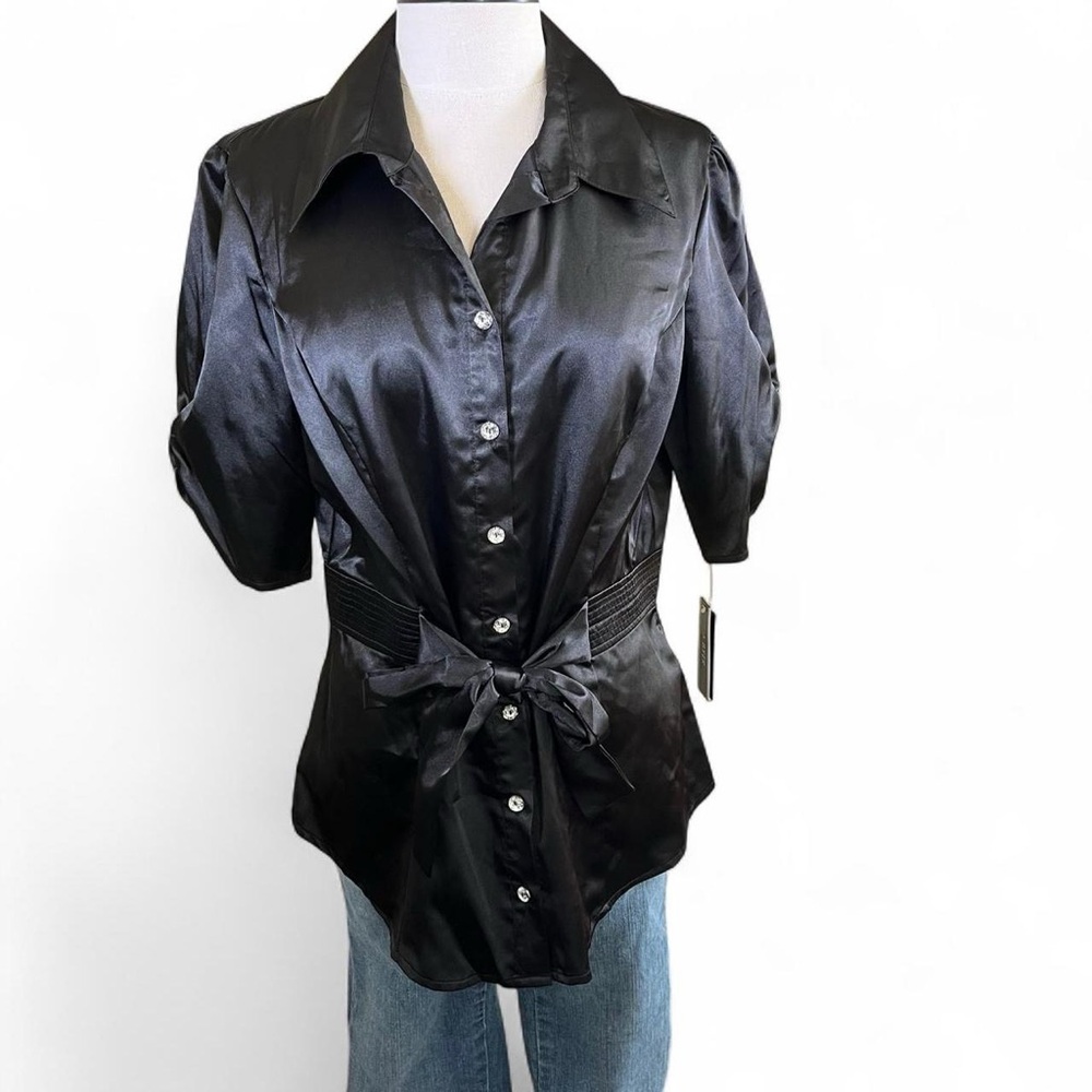 A. Byer Elegant Black Satin Blouse with Waist Tie